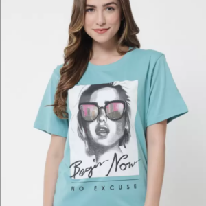 Over Size T Shirt Women Graphic Print Round Neck Light Blue T-Shirt