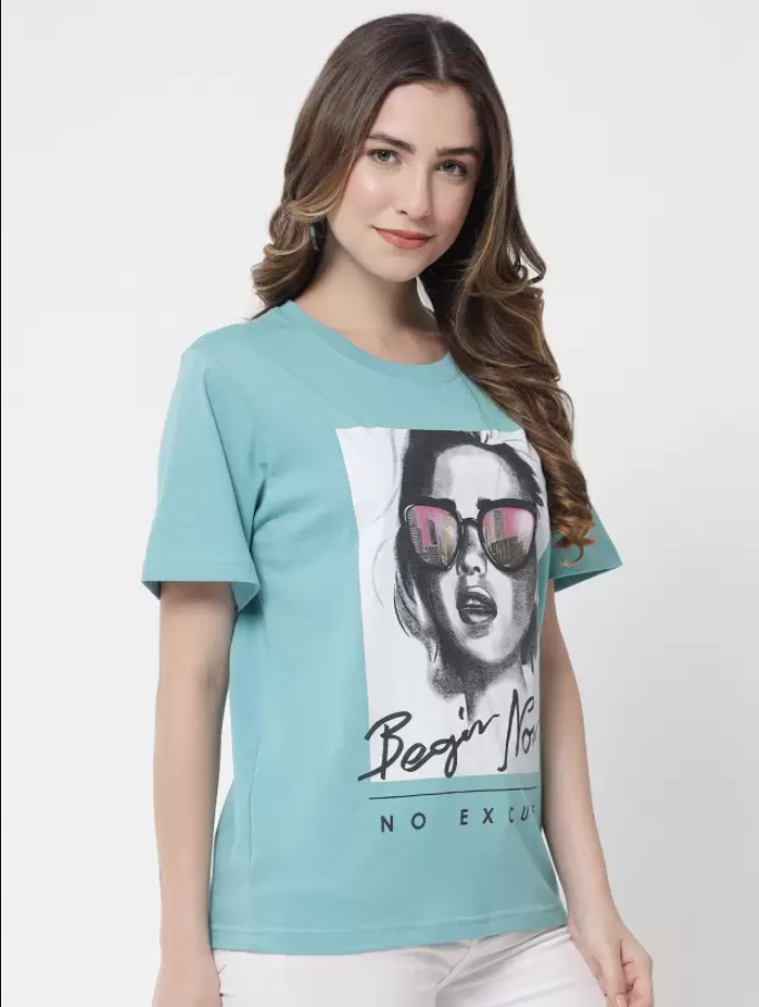 Over Size T Shirt Women Graphic Print Round Neck Light Blue T-Shirt - Image 2